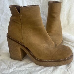 Genuine Suede Tan Women's Block Heel Ankle Boots